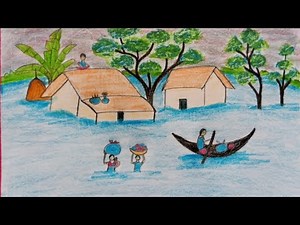 How to Draw Scenery of flood step by step ||