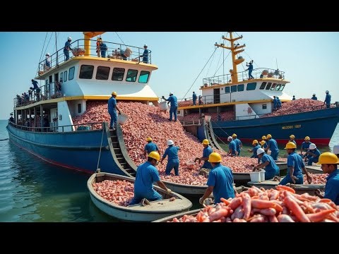 Hunting Red Shrimp with a large trawler, Red Shrimp Fishing Journey in the Middle of the Ocean!