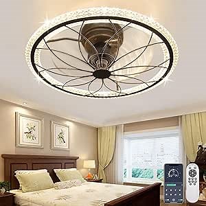 Qwoo Low Profile Fan with Light,Crystal Flush Mount Led Ceiling Fan with Light and remote,Modern Ceiling Fan Light Fixture with Dimmable 3Color Change and 6Speed for Bedroom Living Room,Kitchen,19.7in