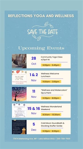 ✨ Exciting things are happening at Reflections Yoga & Wellness! ✨ Join us for upcoming events designed to nourish your mind, body, and spirit — from moonlit soundbaths and wellness weekends to cozy seasonal gatherings. It’s the perfect time to slow down, connect, and create space for yourself. 🌿🪷 #reflectionsyoganow #yogagirl #lakemiltonohio #naturalhealthandwellness #smallbusiness | Reflections Yoga & Wellness