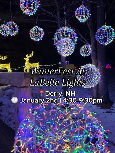 ❄️ Just 1 Week Until WinterFest at LaBelle Lights in Derry, NH! ❄️ On Friday, Jan. 2nd from 4:30 to 9:30pm, experience a fun and exciting festival at LaBelle Lights! Enjoy the full LaBelle Lights walk plus live ice carving demos by Ice Breakers Ice Carving , live music from local musicians, fire & ice themed performances by Cirque de Light , and fun activities like face painting and balloon twisting by BalloonsbyMichelle & Heart_Studio . Don’t forget a photo with the Ice Queen, Ice Boy, and Snow