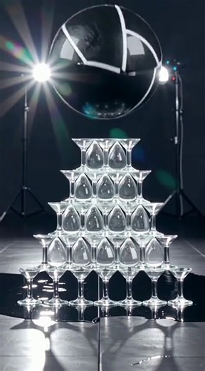 Slow-motion bowling ball crashes into water-filled wine-glass pyramid, shards and spray explode outw