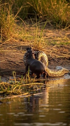 “Giant Python Faces Off With Baby Hippo – Nature’s Tense Standoff!”