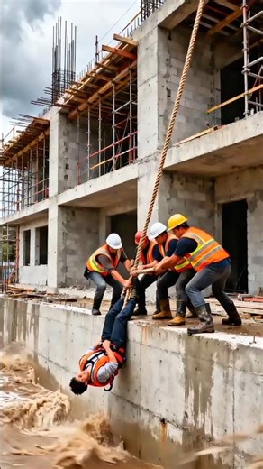 ⛑️🦺Worker Nearly Swept Away! Intense Construction Site Flood Rescue #flood #construction#engineering