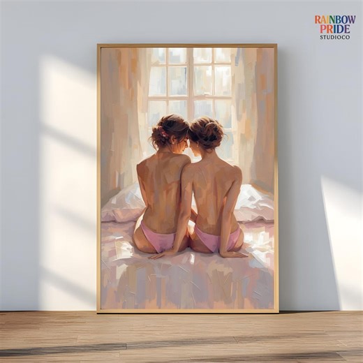 Soft Morning Light Lesbian Art Print | Intimate Sapphic Bedroom Wall Art | WLW Couple Painting | Feminine Queer Love | Digital Download - Etsy