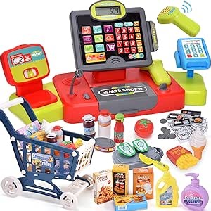 G.C Kids Cash Register Toy Pretend Play with Real Calculator Sound Scanner/Shopping Cart/Food/Play Money, Learning Counter Grocery Store Playset Toys Gift for Kid Boy Girl Age 3 4 5 6 7 8 Years Old