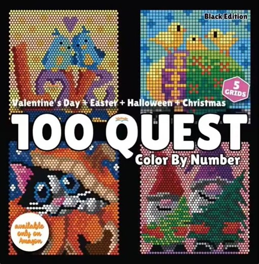 100 QUEST Color By Number :Valentine’s Day+Easter+Halloween+ Christmas(Black Edition) - IntArtMedia