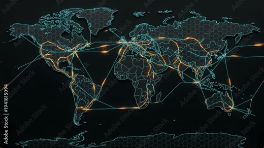 Neon network map of world with glowing connection lines and hexagon grid overlay showing global data routes, digital communication flow