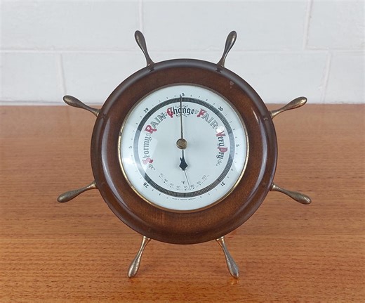 Vintage West Germany Barometer Thermometer Nautical Ship Wheel Desk or Wall Decor