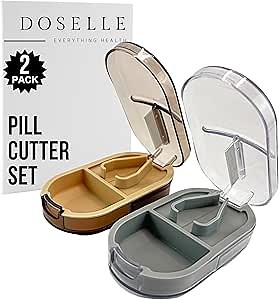2 Pack Pill Splitter for Small & Large Pills – Professional Pill Cutter with Clear Cover & V-Grip Centering Device – Precise 1/2 & 1/4 Cuts for Oblong, Oval & Round Tablets (Gray & Brown)