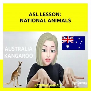 Sign Language for World ZOO In this American Sign Language (ASL) lesson, you can learn the national animals signs: 1. Australia - Kangaroo 2. Canada - Beaver 3. United States - Bison 4. Sweden - Moose 5. Russia - Brown Bear 6. Bolivia - Llama 7. Indonesia - Komodo Dragon 8. Nepal - Cow 9. Saudi Arabia - Camel 10. Finland - Polar Bear 11. Denmark - Swan 12. New Zealand - Kiwi 13. Vietnam - Buffalo Have you missed out on these ASL sea animals signs which are available to learn online? www.signdumm