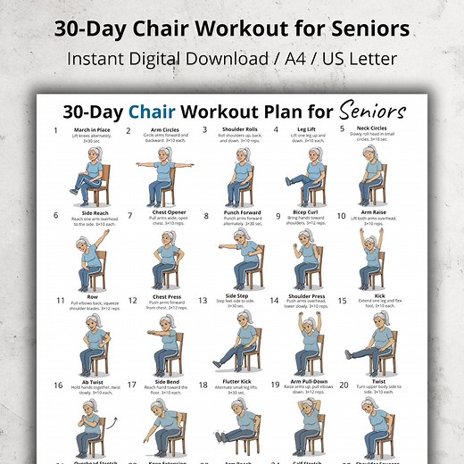 30 Day Chair Workout for Seniors, Seated Exercise Chart Printable PDF, Gentle Daily Routine Poster, Home Workout Wall Art for Elderly - Etsy Australia