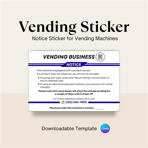 Vending Machine Notice Sticker Template | Editable Canva Sticker | Refund Policy & Contact Info Design - Etsy