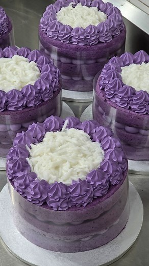 Layer by layer, made with real ube 💜✨ Here’s our baker adding a generous amount of homemade ube jam (total of 500 grams for 2 layers 😋) between our soft and fluffy ube chiffon. Topped with ube whipped cream and macapuno, it’s a true labor of love. 💕 #cakesbymiriam #cakes #ube #ubejam #ubecake #ubechiffon | Cakes by Miriam