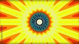 Cartoon animation with kaleidoscopic shapes of sun. Motion. Spreading sun rays with changing colors.