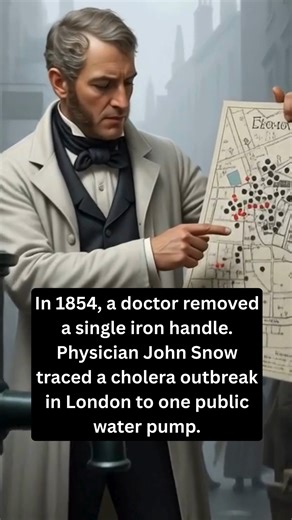 Interesting Facts on Instagram: "In 1854 a doctor removed a single pump handle and slowed a deadly cholera outbreak. In 1854, London was struck by a severe cholera outbreak that killed families within days. Most officials believed the disease spread through “bad air,” but physician John Snow suspected contaminated drinking water — a radical idea for the time. Snow mapped cholera cases in the neighborhood surrounding Broad Street and noticed they clustered around one public pump. He interviewed f