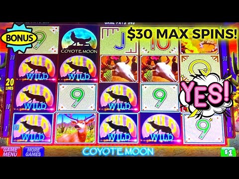 $30 Max Bet on Coyote Moon! 3 Bonuses! What A Blast! Coyote Moon Slot Machine Play
