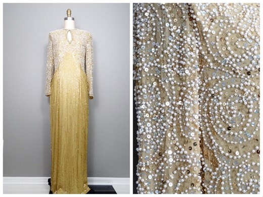 Gold Silk Beaded Gown / White and Gold Sequined Dress / Art Deco Pearl Wedding Gown by Oleg Cassini - Etsy UK
