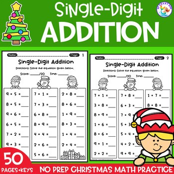 Christmas Single Digit Addition Math Fact Fluency Drills Worksheets No Prep