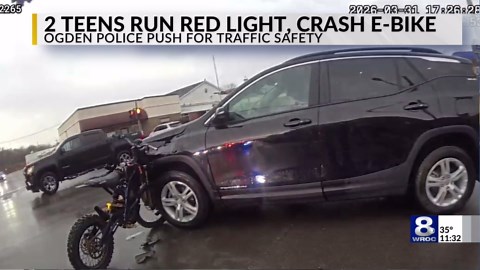 Two teens on electric dirt bike run red light in Spencerport, crash into car