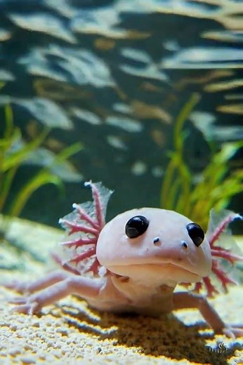 A baby axolotl swims slowly through crystal-clear freshwater in a shallow aquarium