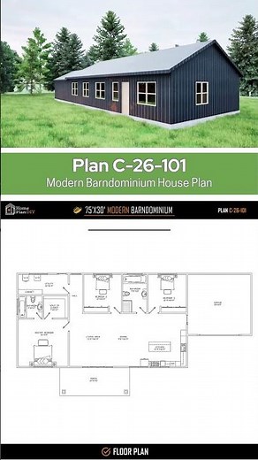 75x30 Modern Barndominium House Plan | 2 Bed 2 Bath with Garage #blueprint #home #12blueprints