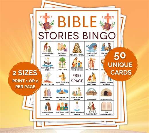50 Bible Stories Bingo Printable, Bible Stories Bingo Cards, Sunday School Activity, Vacation Bible School Game, Bible Classroom Game - Etsy