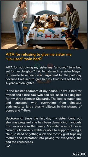 AITA for not giving my sister my “un-used” twin bed set for her daughter? I 26 female and my sister Megan 36 female have been in an argument for the past day because I refused to give her my twin bed set for her 4-year-old daughter. In the master bedroom of my house, I have a bed for myself and a nice, tall twin bed set I used as a dog bed for my three German Shepards. The bed is super cute and equipped with everything from dinosaur bedsheets to large plushy pillows in the shapes 🚇 of bones and