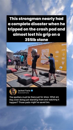 This strongman nearly had a complete disaster when he tripped on the crash pad