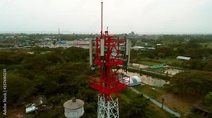 Telecommunication GSM (5G,4G) tower. Antenna and Development of communication systems in urban areas. Digital wireless connection system technology. Cellular telephone network tower.