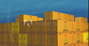 Radioactive waste and nuclear containers on a cargo ship. Business concept of transport and shipping with a atomic energy symbol. 3D Drone view.