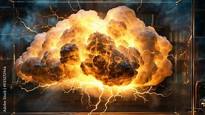 Electric Storm: A dramatic and powerful explosion erupts within a glass case, its fiery orange and yellow hues illuminating the surrounding darkness. Lightning bolts crackle through the smoke, creatin