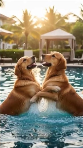 Play~ two dogs are playing in the pool #play #goldenretriever #pool #happy #hug #resort #cute #ai