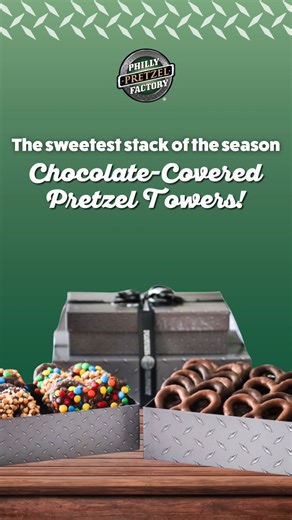 It's the gift that keeps on giving! 🥨🎄🍫 Order your Chocolate Pretzel Towers in time for the holidays! Available online only. Click here to order now! https://shipphillypretzels.com/products/sale-gourmet-chocolate-covered-pretzel-tower?_pos=1&_sid=e767854f2&_ss=r | Philly Pretzel Factory