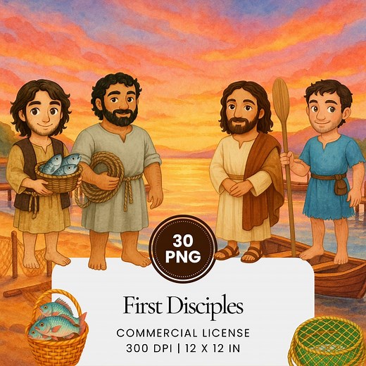 Calling of the First Disciples Bible Stories Watercolor Clipart Bundle, Matthew 4 18 22 Christian Art PNG Set, Fussy Cuts Religious Designs - Etsy