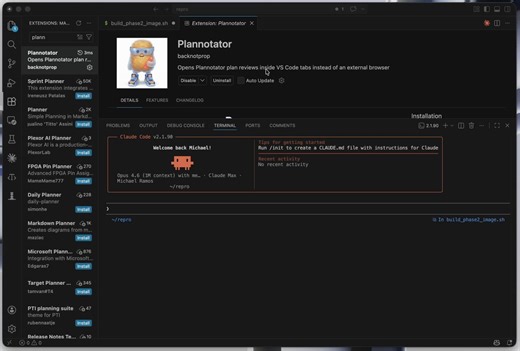 Plannotator is now official on VS Code - it's only been tested with Claude Code in integrated terminal. It has some unique advantages, like being able to annotate code files. largely enabled by 7tg (github)The official CC plugin has hooks bugs - don't expect the extension to work there yet. Marketplace link below