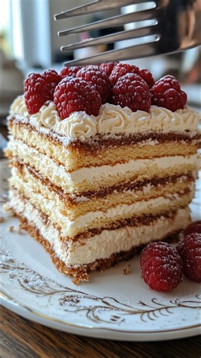 VANILLA LAYER CAKE WITH WHIPPED CREAM & RASPBERRIES 🍰🍓 INGREDIENTS: For the sponge cake: 6 large eggs 1 cup granulated sugar 1 teaspoon vanilla extract 1 cup all-purpose flour 1/4 teaspoon salt For the whipped cream filling: 2 cups heavy whipping cream 4 tablespoons powdered sugar 1 teaspoon vanilla extract For topping: Fresh raspberries Powdered sugar for dusting INSTRUCTIONS: STEP 1: MAKE THE SPONGE Preheat oven to 175°C (350°F). Line and grease two 9-inch round cake pans. In a bowl, beat eg