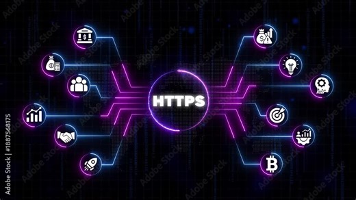 H T P S Secure Network Connection and Symbols on Dark Background with Neon Lights https