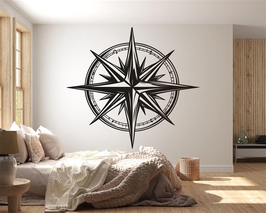 Large Compass Rose Wall Decal, Nautical Wall Sticker, Modern Compass Wall Art, Adventure Wall Decor, Minimalist Travel Wall Decal - Etsy