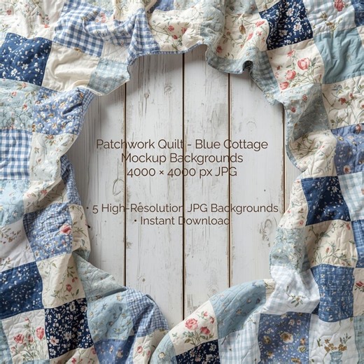Blue Patchwork Quilt Mockup Backgrounds, Cottagecore Product Flatlay, Rustic Wood Invitation Display, Etsy Listing Photo Backdrop, Floral - Etsy