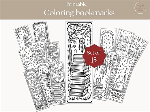 Bookish Coloring Bookmarks Set of 15 Printable | Literary Bookmark Coloring Pages PNG PDF | Bookworm Book Club Gifts Download - Etsy