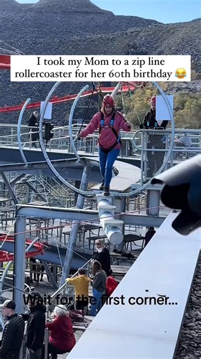 This is called a zip line roller coaster it really looks like a lot of fun. Would you do it? Could you do it? Let me know below 👇🏻Turning 60 never looked this wild — Mom’s epic scream-laugh on the roller coaster zip line!