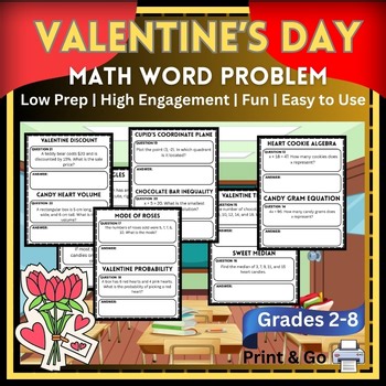 Valentine’s Day Math Centers & Word Problems |40 Engaging Pages| No-Prep |Gr 6-8