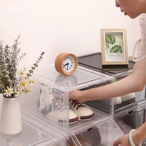 Attelite Shoe Box Organizer,Set of 6,Stackable Plastic Shoe Box with Clear Door, Shoe Storage Box Containers,For Display Sneakers,Easy Assembly,Fit up to US Size 12(13.4”x 10.6”x 7.4”)