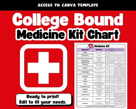 College Medicine Kit Chart: Editable Dorm First Aid Checklist (canva Template) - Etsy