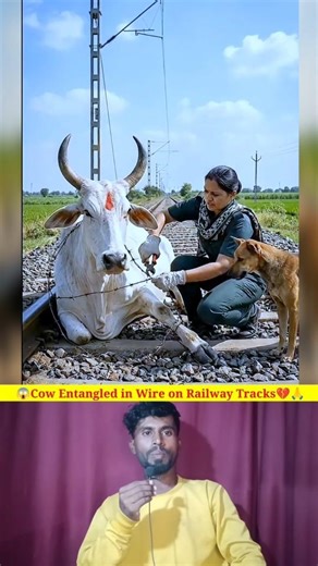 😱Cow Entangled in Wire on Railway Tracks💔🙏#ai #trending #shorts #story #viral