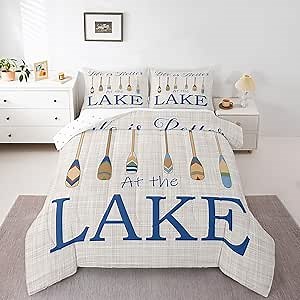 Lake Life Full Size Comforter Set,Cartoon Paddle Print Lake House Bedding Comforters Bedroom Collection,Camping Cabin Boating Themed Rustic Bedding Set for Girls Teens