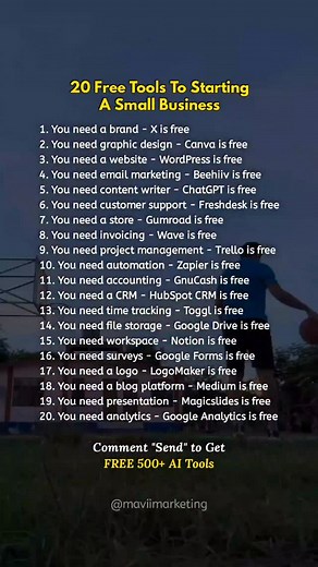 20 Free Tools To Starting A Small Business 1. You need a brand - X is free 2. You need graphic design - Canva is free 3. You need a website - WordPress is free 4. You need email marketing - Beehiiv is free 5. You need content writer - ChatGPT is free 6. You need customer support - Freshdesk is free 7. You need a store - Gumroad is free 8. You need invoicing - Wave is free 9. You need project management - Trello is free 10. You need automation - Zapier is free 11. You need accounting - GnuCash is