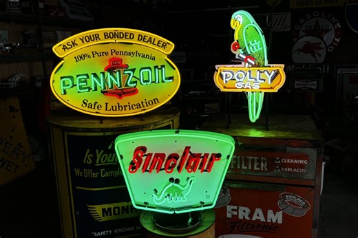 No Reserve: Three Neon Motor Oil and Gasoline Company Signs