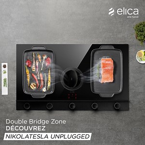 Maximisez les espaces sur la plaque de cuisson grâce à la Double Bridge Zone de NikolaTesla Unplugged : unissez deux zones de cuisson de chaque côté et utilisez des grils et des casseroles de grandes dimensions. | Elica